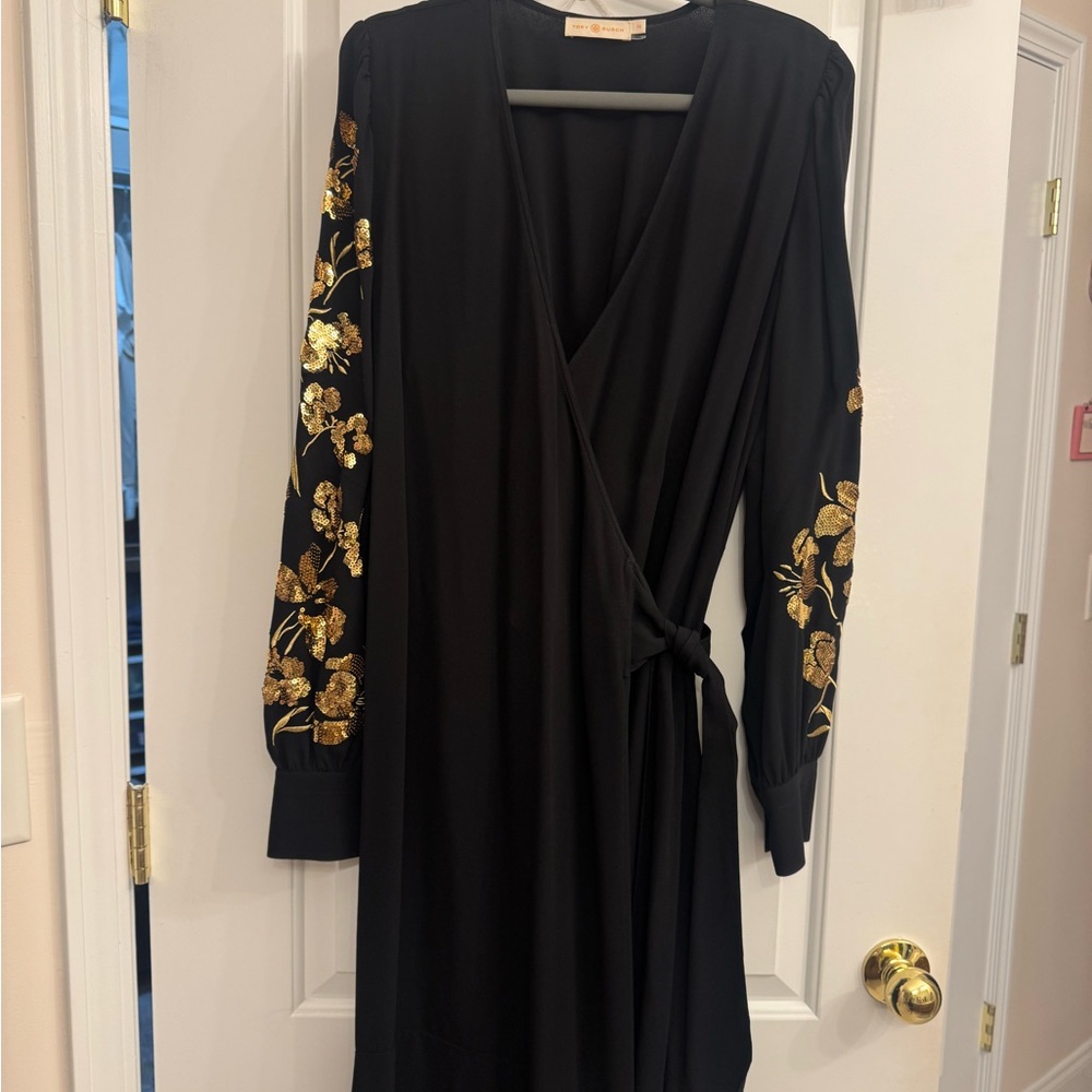 Tory Burch Black Dress with Gold Floral Accents
